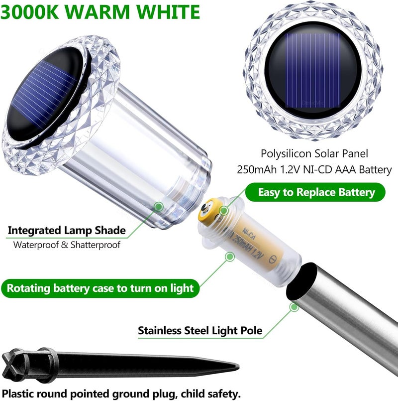 DenicMic Solar Lights Outdoor 15 Pack Waterproof 3000K Warm White LED Stainless Steel Stake Outside Lights for Yard Pathway Garden Driveway Walkway Landscape Path Lighting - Image 2